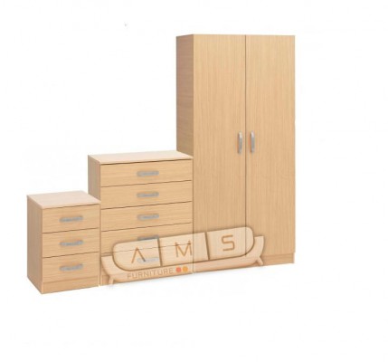 BRAND NEW 2 DOOR BEDROOM SET, FULLY ASSEMBLED WARDROBE, BEDSIDE TABLE AND CHEST OF DRAWER READY MADE