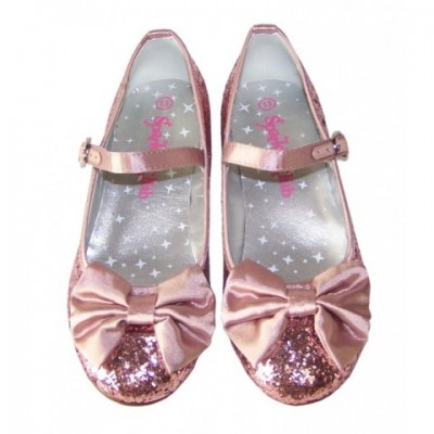Girls pink glitter low heeled party shoes